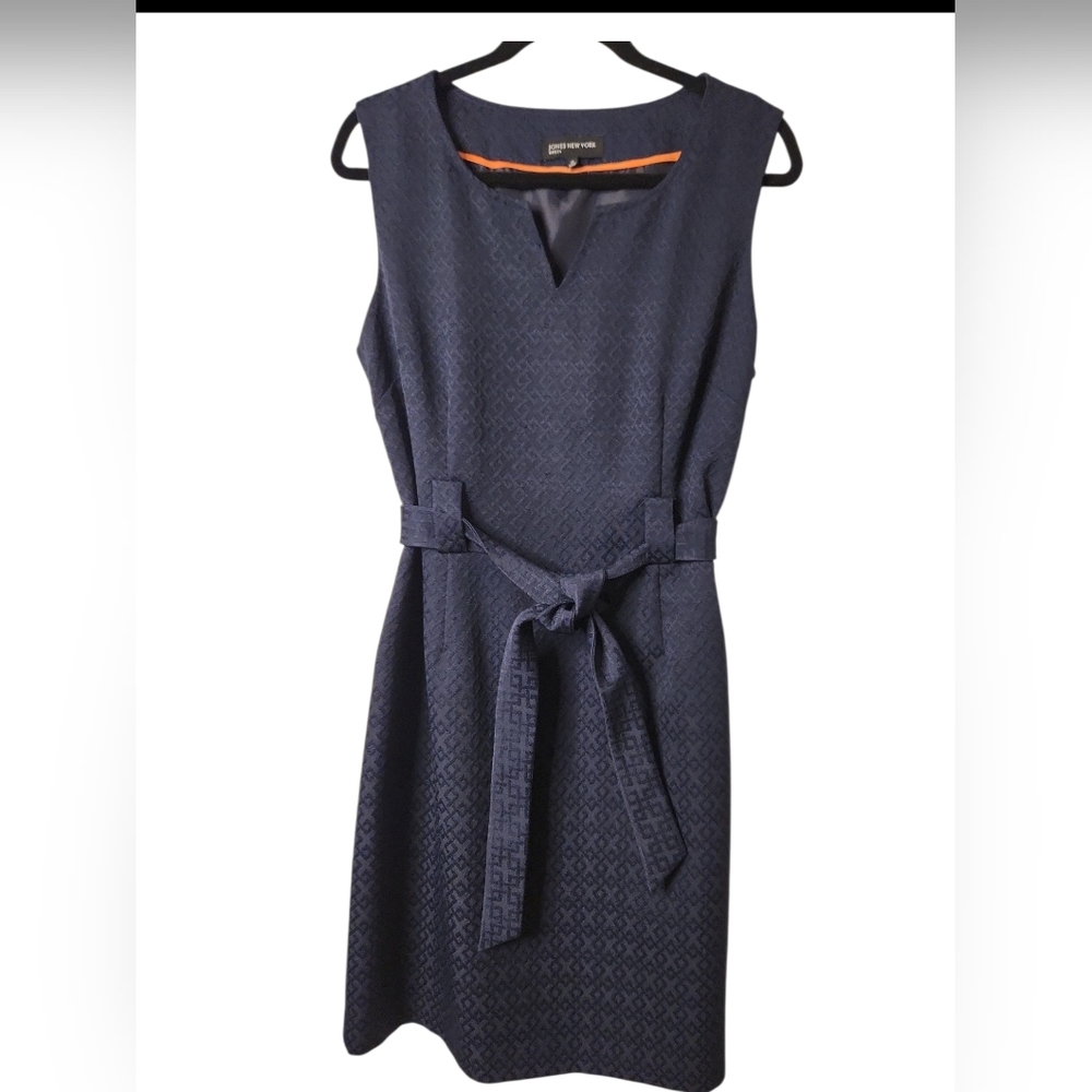 Jones New York Women's Textured Navy Jacquard Sleeveless Dress with Belt Size14